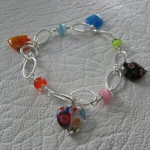 Sterling Silver Glass Beads and Heart Charms Bracelet - NEW